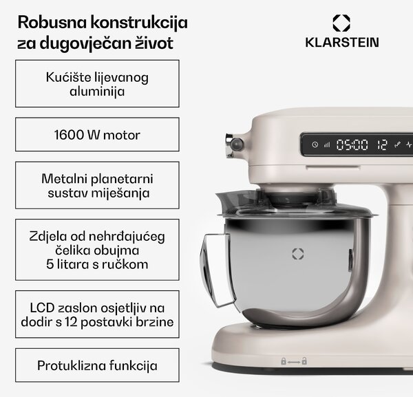 Klarstein Chiara kuhinjski robot, 1600 W, 12 postavki, zdjela od nehrđajućeg čelika, LCD zaslon, uključujući pribor