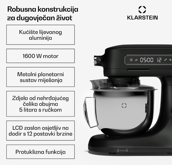 Klarstein Chiara kuhinjski robot, 1600 W, 12 postavki, zdjela od nehrđajućeg čelika, LCD zaslon, uključujući pribor
