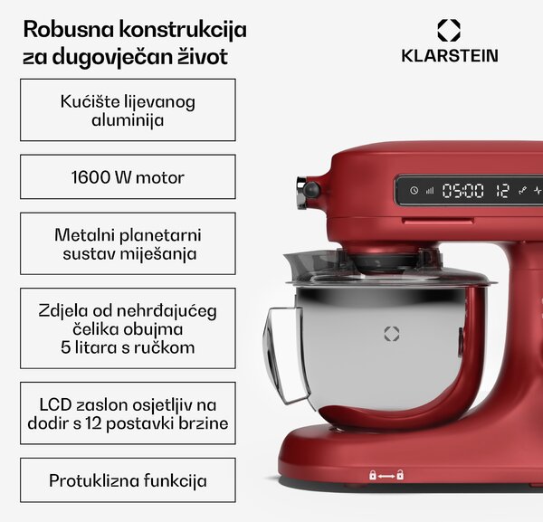Klarstein Chiara kuhinjski robot, 1600 W, 12 postavki, zdjela od nehrđajućeg čelika, LCD zaslon, uključujući pribor