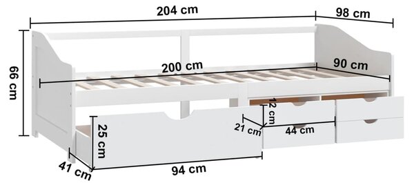 Trosjed/ležaj s ladicama bijeli 90 x 200 cm od masivne borovine - Bijela / N/A