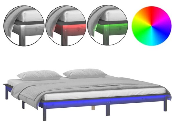 LED okvir kreveta sivi 120x190 cm mali bračni od masivnog drva - Siva / 120 x 190 cm