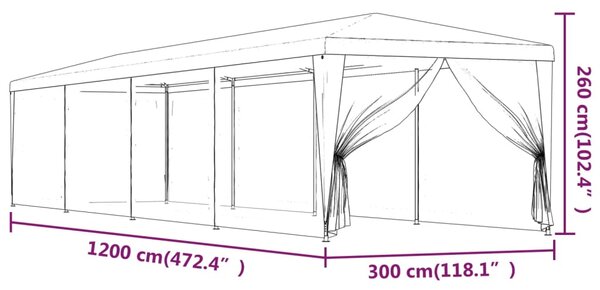 Šator za zabave s 10 mrežastih bočnih zidova crveni 3x12 m HDPE - Crvena / 3 x 12 m