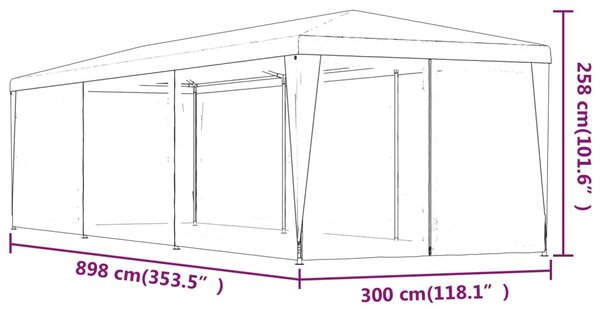 Šator za zabave s 8 mrežastih bočnih zidova crveni 3 x 9 m HDPE - Crvena / 3 x 9 m