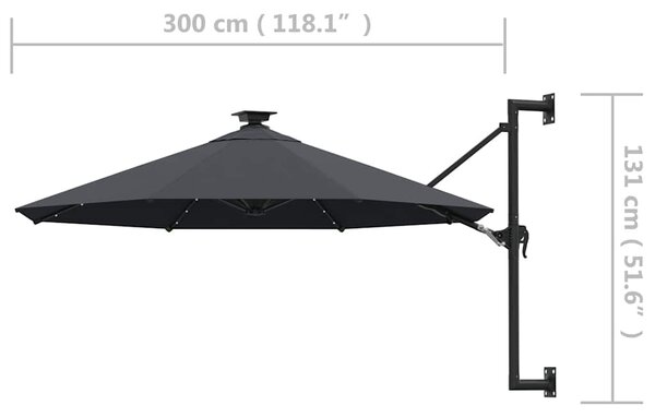 Zidni vrtni suncobran s LED svjetlima 300 cm antracit - Antracitno siva / N/A