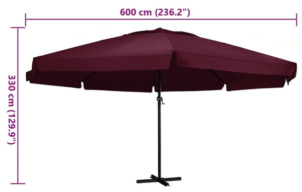 Vrtni suncobran s aluminijskim stupom 600 cm bordo - Crvena / 600 cm