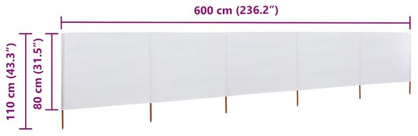 Vjetrobran s 5 panela od tkanine 600 x 80 cm pješčano bijeli - Bijela / 600 x 80 cm