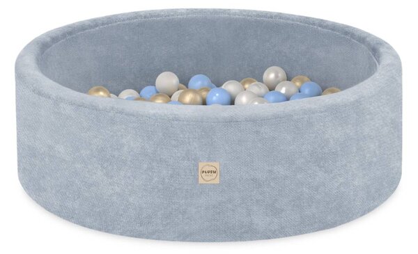 Plush Nest okrugli dječji bazen 90x30 s lopticama (200 loptica: biserne, zlatne, plave), plavi