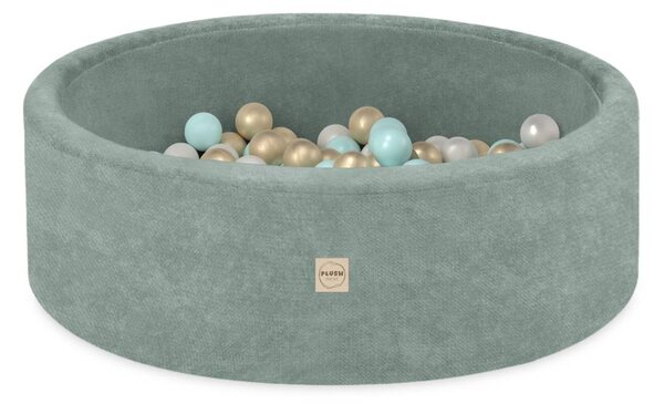 Plush Nest okrugli dječji bazen 90x30 s lopticama (200 loptica: biserne, zlatne, mint), zeleni