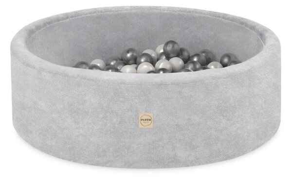 Plush Nest okrugli dječji bazen 90x30 s lopticama (200 loptica: biserne, srebrne), sivi
