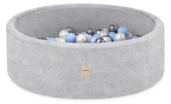 Plush Nest okrugli dječji bazen 90x30 s lopticama (200 loptica: biserna, srebrna, svijetloplava), sivi