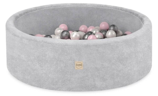 Plush Nest okrugli dječji bazen 90x30 s lopticama (200 loptica: biserna, srebrna, svijetlo ružičasta), sivi