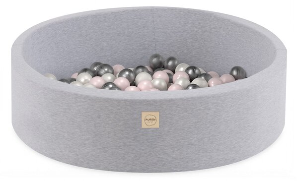 Plush Nest bazen s lopticama, svijetlosiva, okrugla, pamučna, 90x30, 200 loptica: svijetlo ružičasta biserna, srebrna, biserna