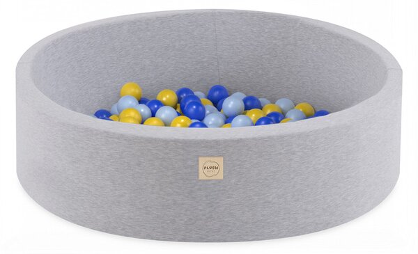 Bazen s lopticama Plush Nest, svijetlosiva, okrugla, pamučna, 90x30, 200 loptica: plava, žuta, svijetloplava