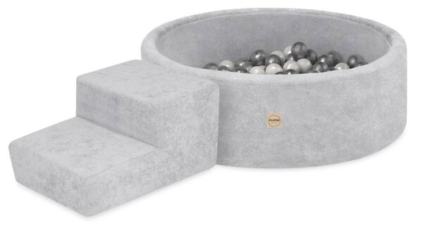 Plush Nest Suhi bazen za igralište 90x30 sa stepenicom (+200 loptica: biserne, srebrne), sivi
