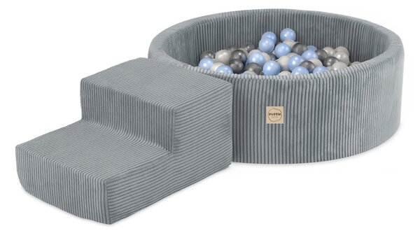Plush Nest Igralište Suhi bazen 90x30 + stepenica (+200 loptica: biserna, srebrna, svijetloplava), sivi