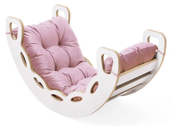 Plush Nest Mala ljuljačka 4-u-1 ljuljačka + zid za penjanje/tobogan + jastuk (ružičasti baršun), bijela drvena ploča