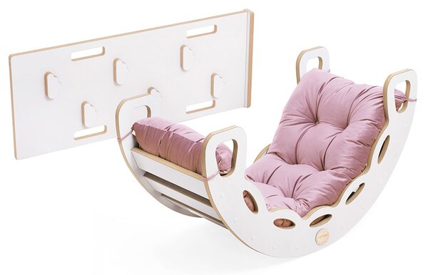 Plush Nest Mala ljuljačka 4-u-1 ljuljačka + zid za penjanje/tobogan + jastuk (ružičasti baršun), bijela drvena ploča
