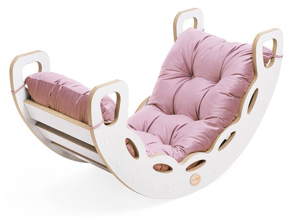 Plush Nest Mala ljuljačka 4-u-1 ljuljačka + zid za penjanje/tobogan + jastuk (ružičasti baršun), bijela drvena ploča