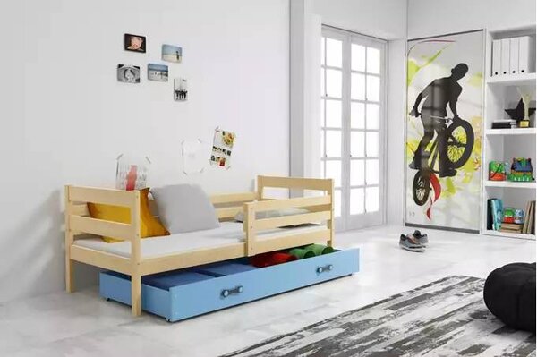 Dječji krevet Eryk 90×200 s madracem i ladicom - Prirodno drvo / Bijela