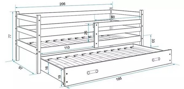 Dječji krevet s izvlačenjem Eryk 90×200 s madracem i ladicom - Prirodno drvo / Zelena