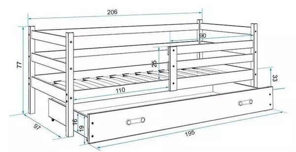 Dječji krevet Eryk 90×200 s madracem i ladicom - Prirodno drvo / Bijela
