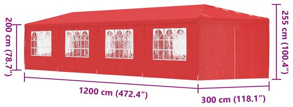 Šator za zabave 1200 x 300 x 255 cm Crvena PE i čelik - Crvena / 1200 x 300 x 255 cm