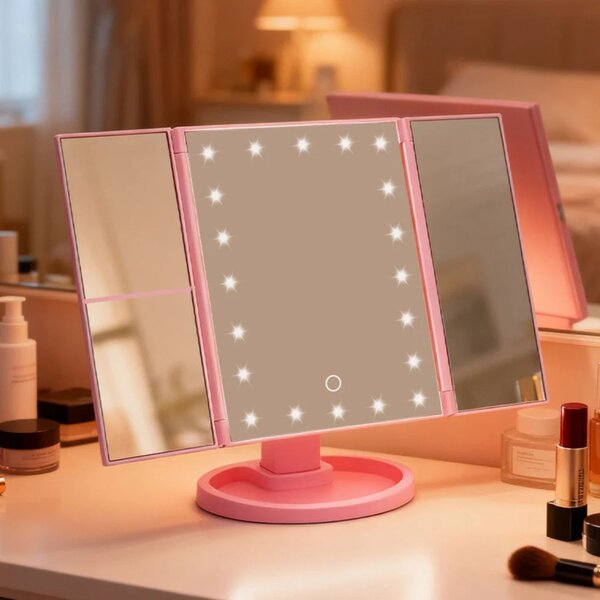 LED kozmetičko ogledalo sklopivo s povećalom, ružičasto