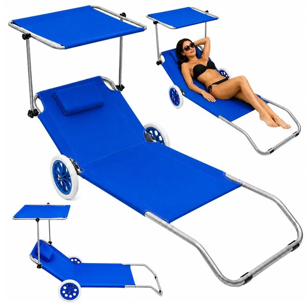 Sklopiva plažna ležaljka s nadstrešnicom na kotačima plava