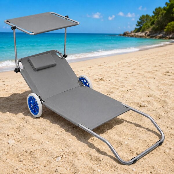 Vrtna ležaljka za plažu na kotačima sa sklopivom tendom, aluminijska, siva