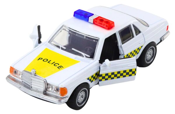 Klasični policijski automobil s metalnim pogonom i otvaranjem vrata, bijeli 1:32