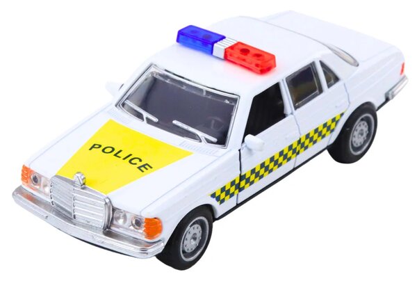 Klasični policijski automobil s metalnim pogonom i otvaranjem vrata, bijeli 1:32