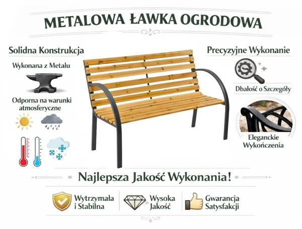 Drveno-metalna vrtna klupa s naslonom, park stil, 125 cm