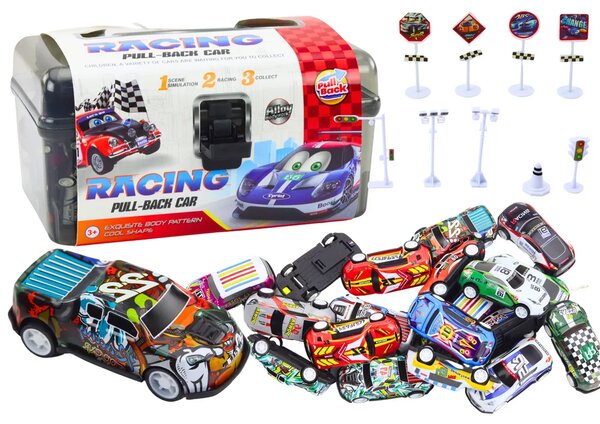 Set mini automobila u koferu, 25 kom., prometni znakovi i ploča