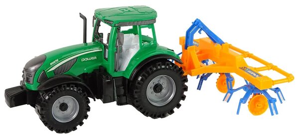 Zeleni traktor s narančastim i plavim pogonom trenja grablja