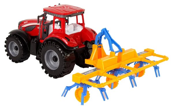 Crveni traktor s pogonom trenja grablja