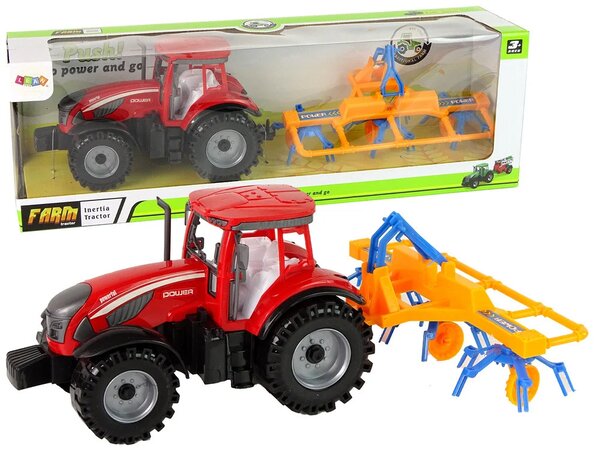 Crveni traktor s pogonom trenja grablja