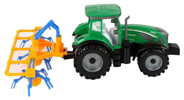 Zeleni traktor s narančastim i plavim pogonom trenja grablja
