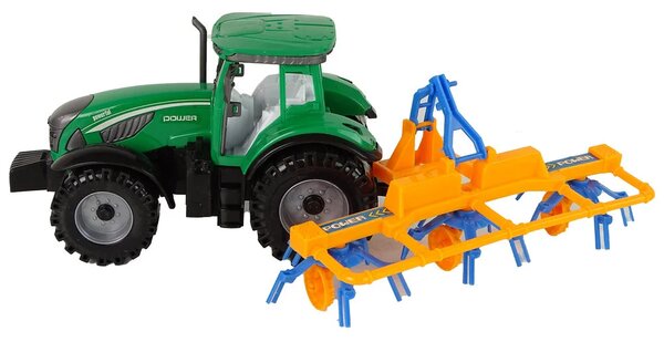 Zeleni traktor s narančastim i plavim pogonom trenja grablja