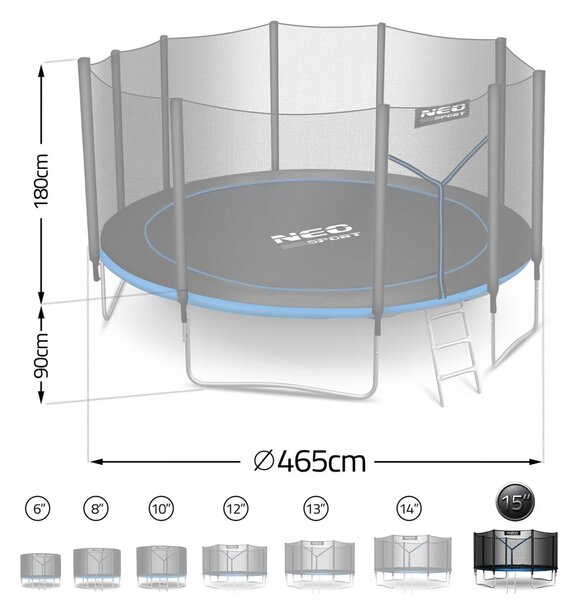 Vrtni trampolin Neo-Sport, Ø 465 cm (15 ft), vanjska mreža i ljestve, siva
