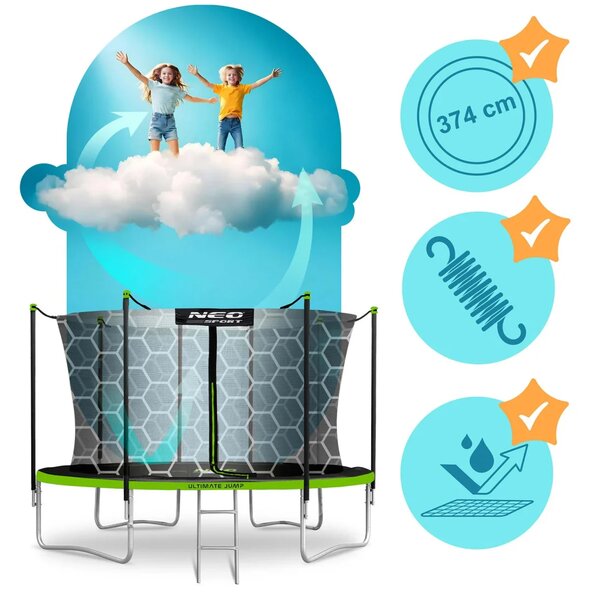 Vrtni trampolin Neo-Sport, Ø 374 cm (12 ft), unutarnja mreža i ljestve, siva, var. NS-12W231