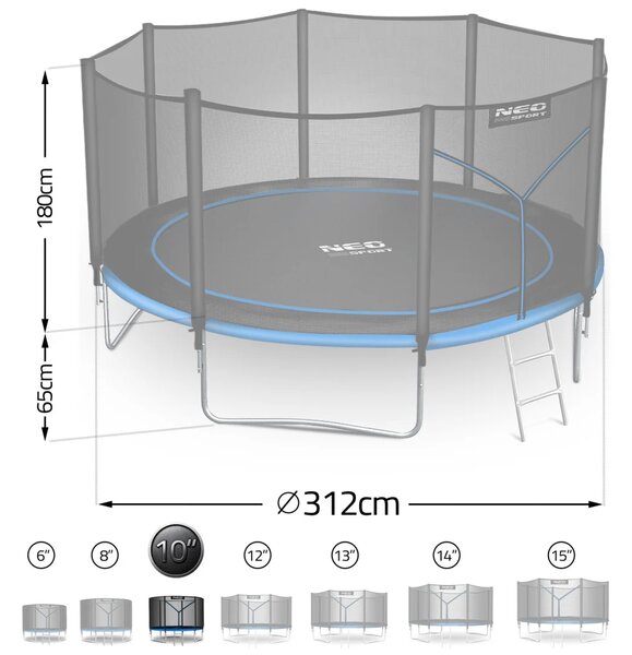 Vrtni trampolin Neo-Sport, Ø 312 cm (10 ft), vanjska mreža i ljestve, siva