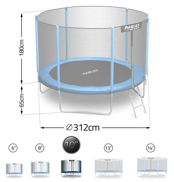 Vrtni trampolin Neo-Sport, Ø 312 cm (10 ft), vanjska mreža i ljestve, plava