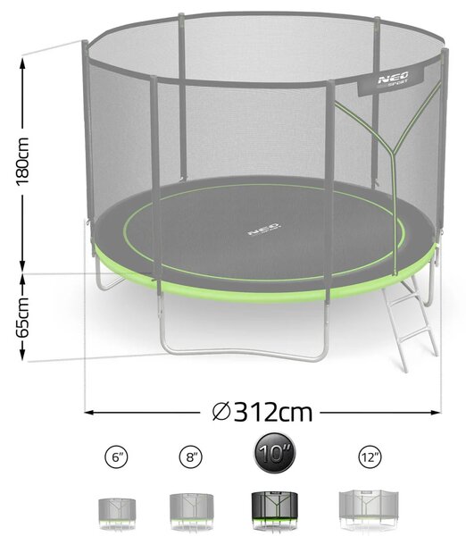 Vrtni trampolin Neo-Sport, Ø 312 cm (10 ft), vanjska mreža i ljestve, siva, var. NS-10Z231