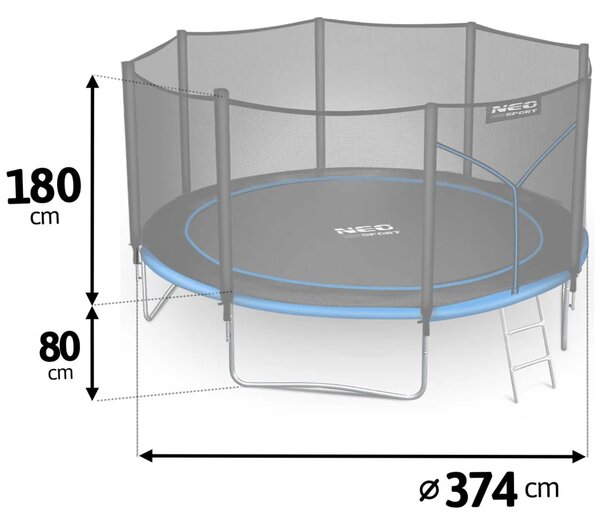 Vrtni trampolin Neo-Sport, Ø 374 cm (12 ft), vanjska mreža i ljestve, siva