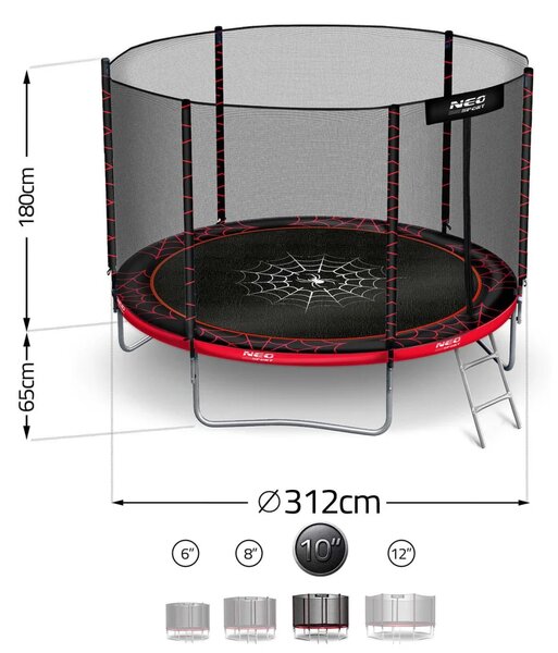 Vrtni trampolin Neo-Sport, Ø 312 cm (10 ft), vanjska mreža i ljestve, siva, var. NS-10Z241