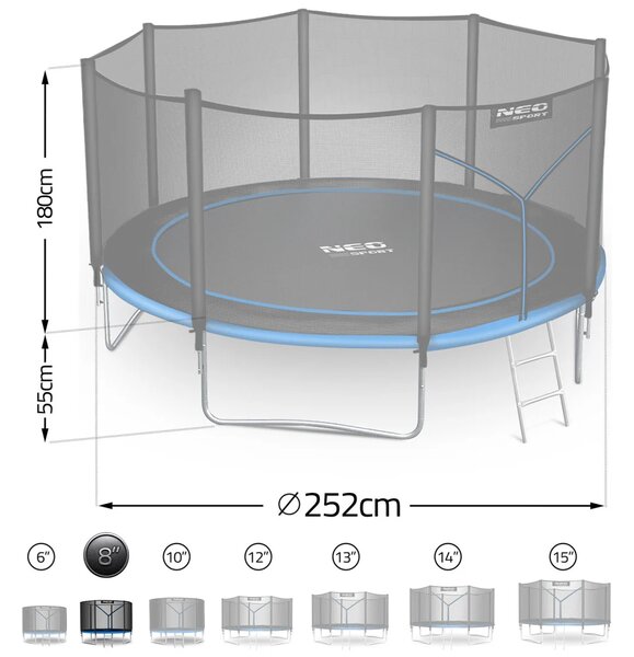 Vrtni trampolin Neo-Sport, Ø 252 cm (8 ft), vanjska mreža i ljestve, siva