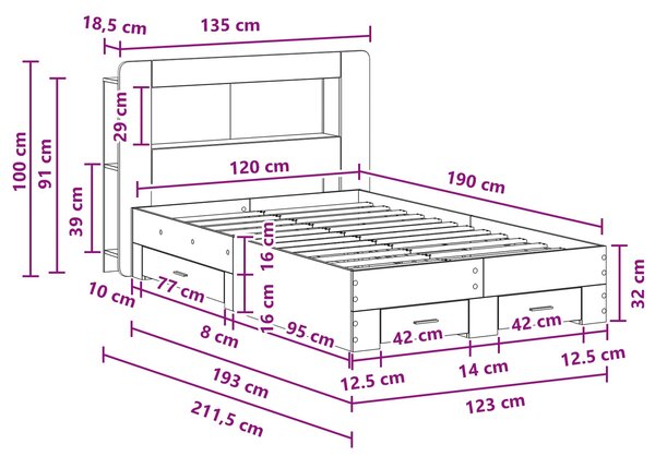 Okvir kreveta s pohranom Dimljeni hrast 120 x 190 cm - Smeđa / 120 x 190 cm