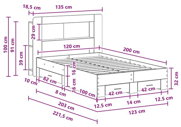 Okvir kreveta s pohranom s uzglavljem Hrast sonoma 120 x 200 cm - Smeđa / 120 x 200 cm