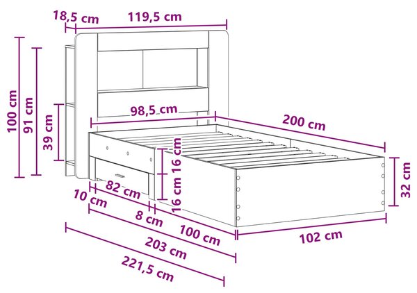 Okvir kreveta s pohranom s uzglavljem Hrast sonoma 100 x 200 cm - Smeđa / 100 x 200 cm