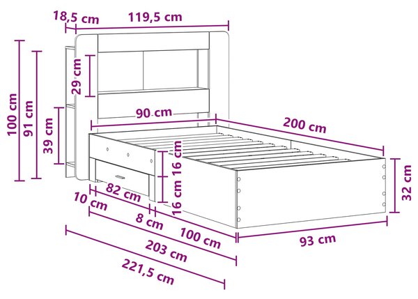 Okvir kreveta s pohranom s uzglavljem Siva Sonoma 90 x 200 cm - Siva / 90 x 200 cm